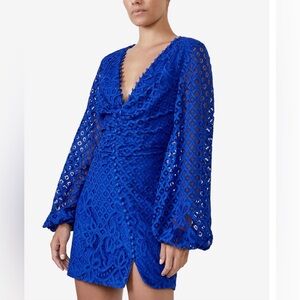 BARDOT Blue Stretch Lace Button-detail Balloon Sleeve V Neck Mini Dress Size 12.